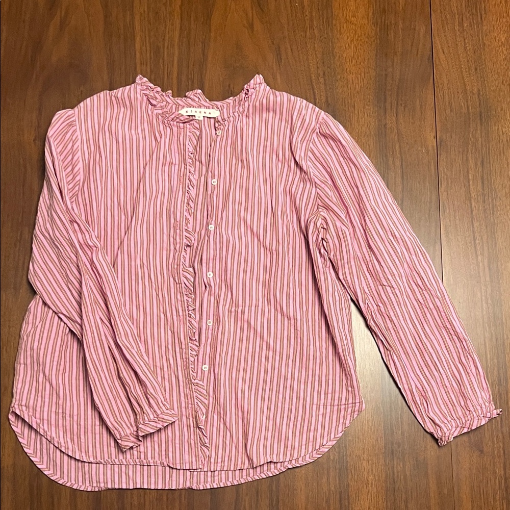 XiRENA Striped Button Down Shirt with Ruffle Trim